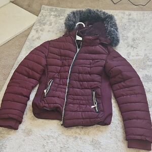 Plum Puffer Jacket with Faux Fur Hood